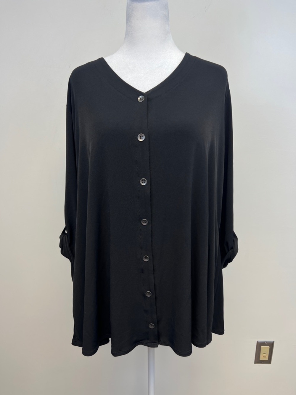 Susan Graver Simple Dressy Button Up Flowy Black Stretchy Flattering Top Size 3x